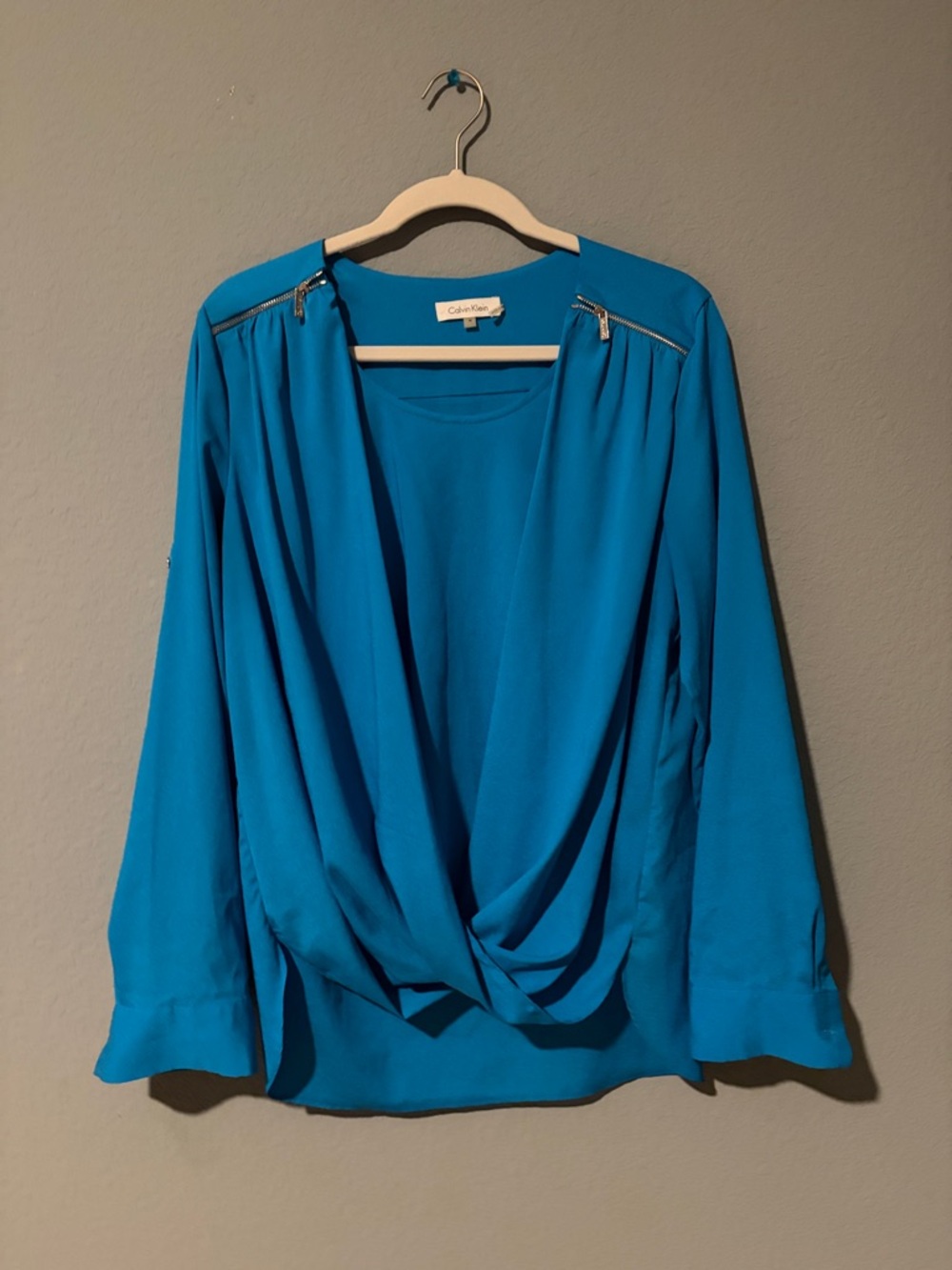 Calvin Klein Bright Turquoise Draped Zip-Accent Long Sleeve Blouse